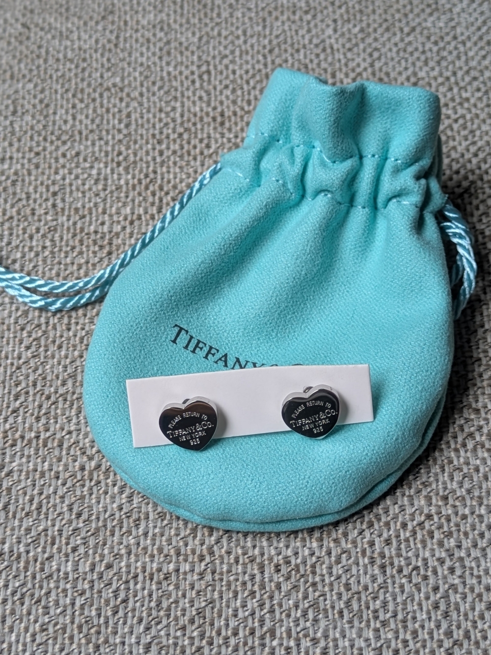 Heart Tag Engraved Stud Earrings With Blue Pouch